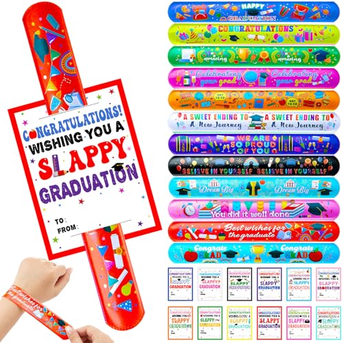 Soulchen 96 Pcs Preschool Graduation Slap Bracelets with Cards Set Kindergarten Colorful Congrats Grad Slap Bracelets Party Favors Graduation Wristbands Set for Party Supplies Decorations