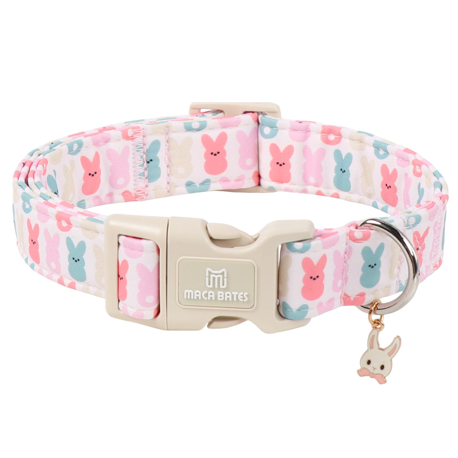 Maca Bates Easter Basic Dog Collar with Rabbit Charm for Small Girl Boy Dogs, Colorful Bunny Pattern,Adjustable Durable Soft Collars Festival Gift for Male Female Puppy