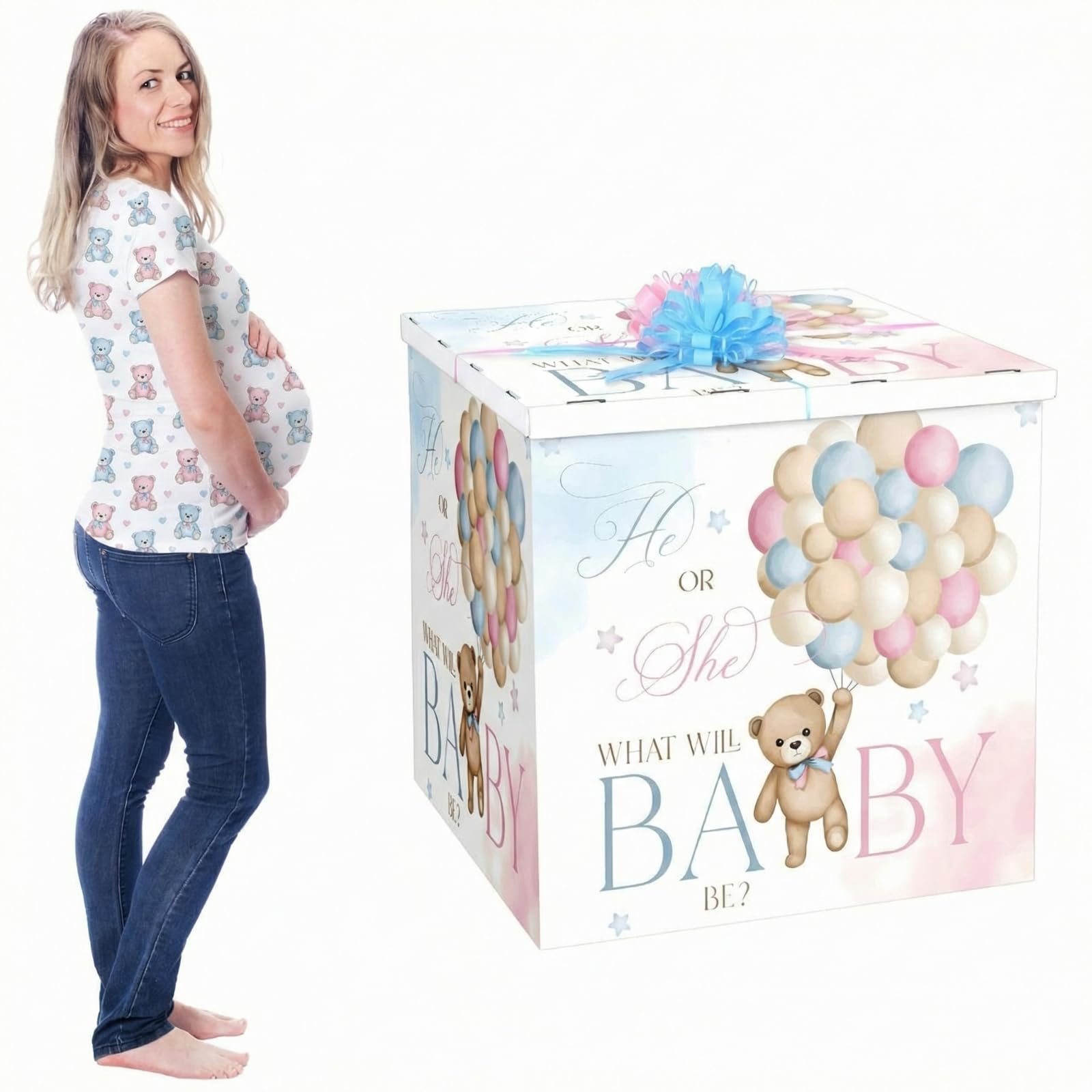 AmazingSpark 28in Jumbo Gender Reveal Gift Box Kit with Oversized Box Giant Pull Bows for Gender Reveal Baby Shower Birthday Party Decor(He or She Bear)