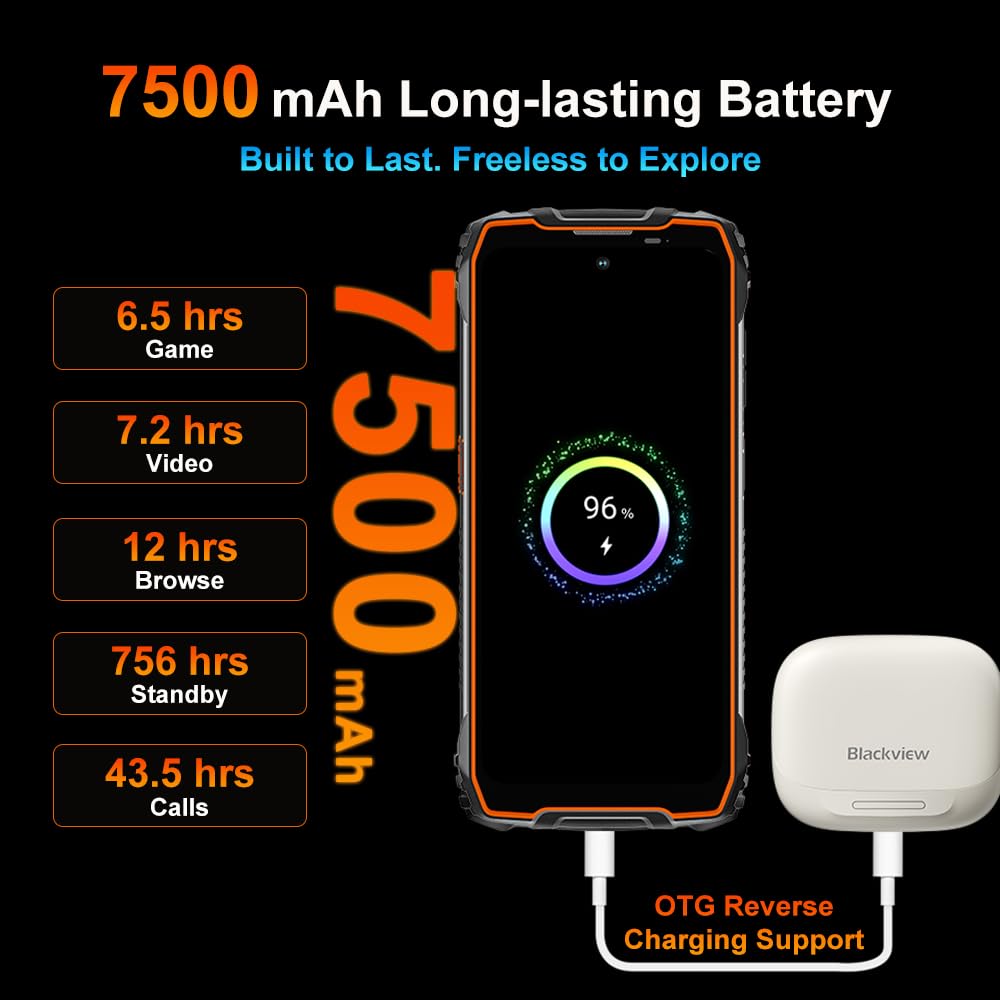 Blackview 5G Téléphone Portable Incassable, 24Go+256Go/2To Telephone AI Android 15, 6.78" FHD+, 50MP AI Caméra, 7500mAh Smartphone Incassable Etanche, 4G&5G,NFC,OTG,GPS,Gemini AI 2.0, Orange