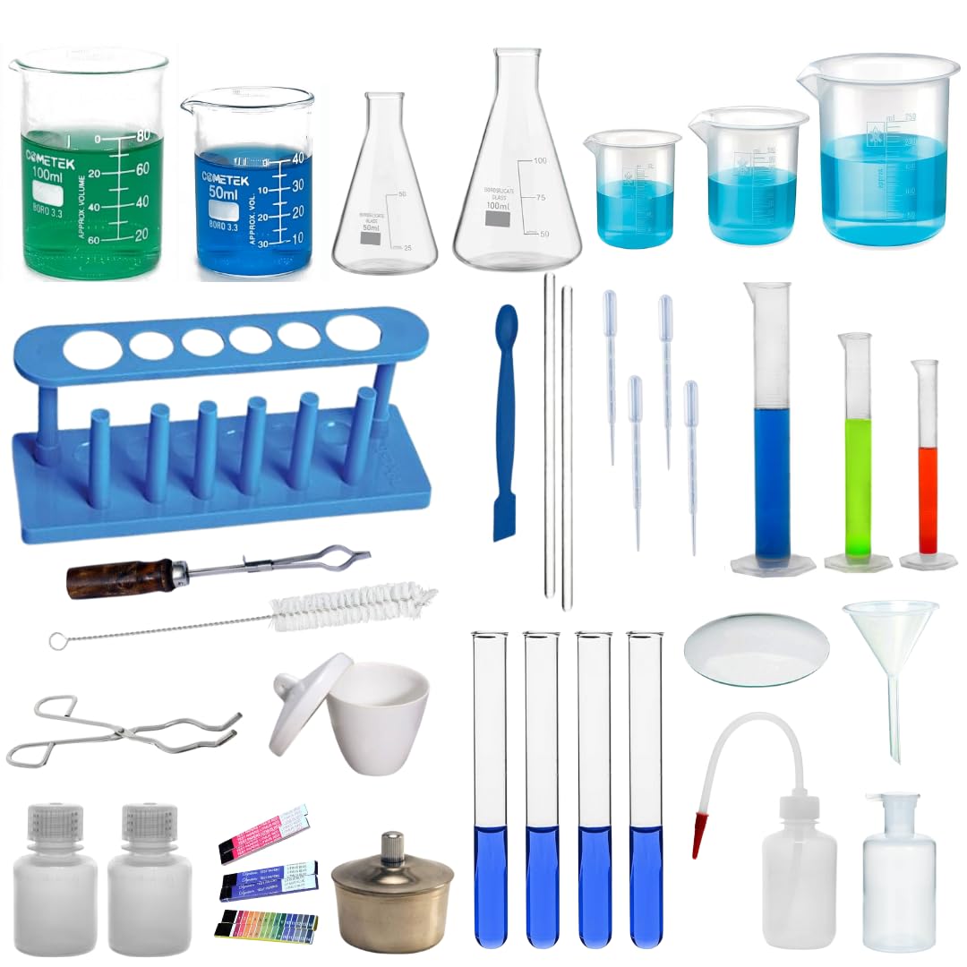 COMETEK Chemistry Lab 36 Items Kit – Borosilicate Glass & Plastic Beakers, Conical Flasks, Measuring Cylinders, Test Tubes, Crucible, Spirit Lamp & More – Ideal for Students, Science Experiments & Lab