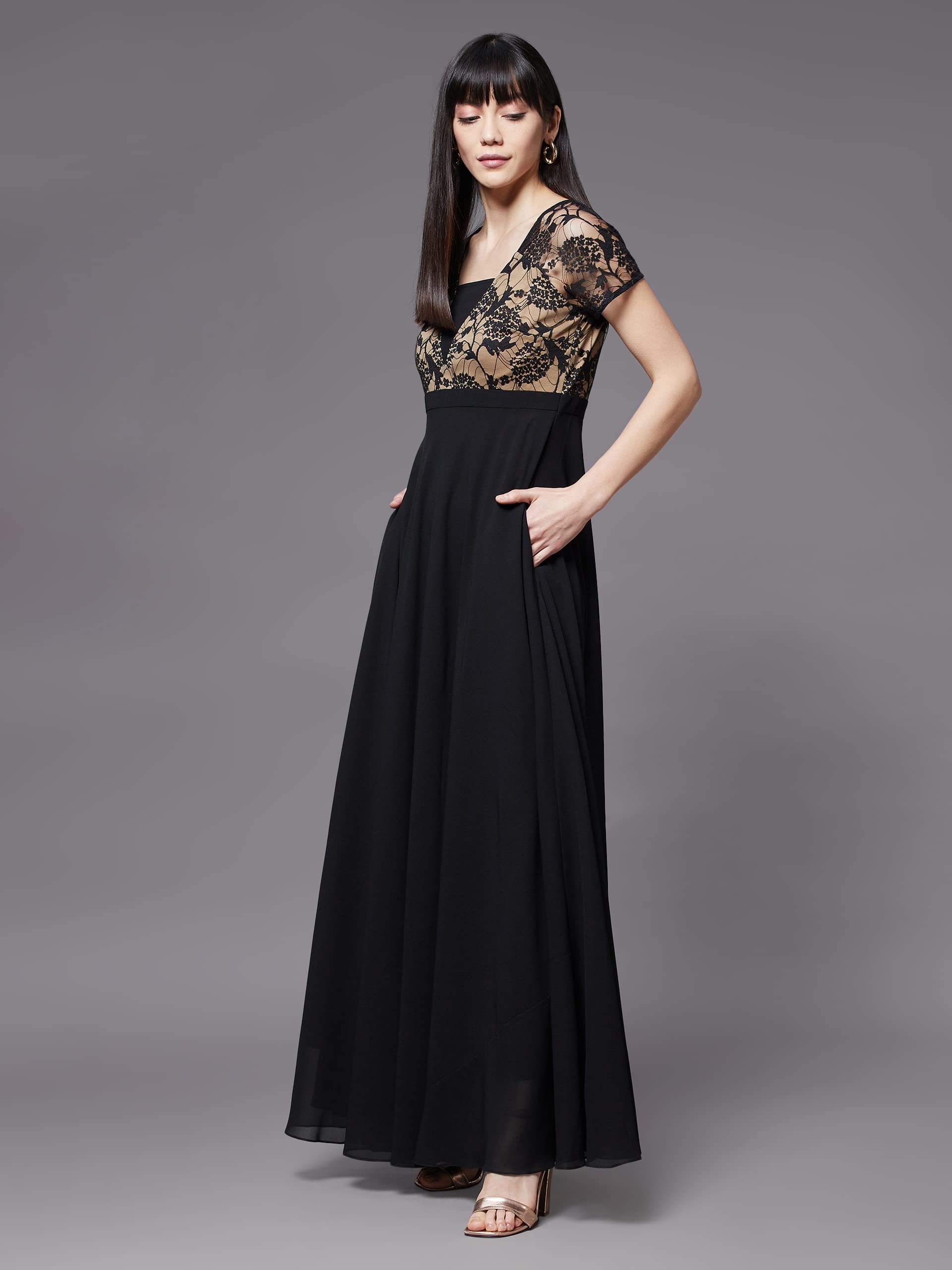 Miss Chase Women's Black Square Neck Short Sleeve Self Design Lace Overlaid Georgette Maxi Dress (Mcss22D06-48-62-04, Black, M)