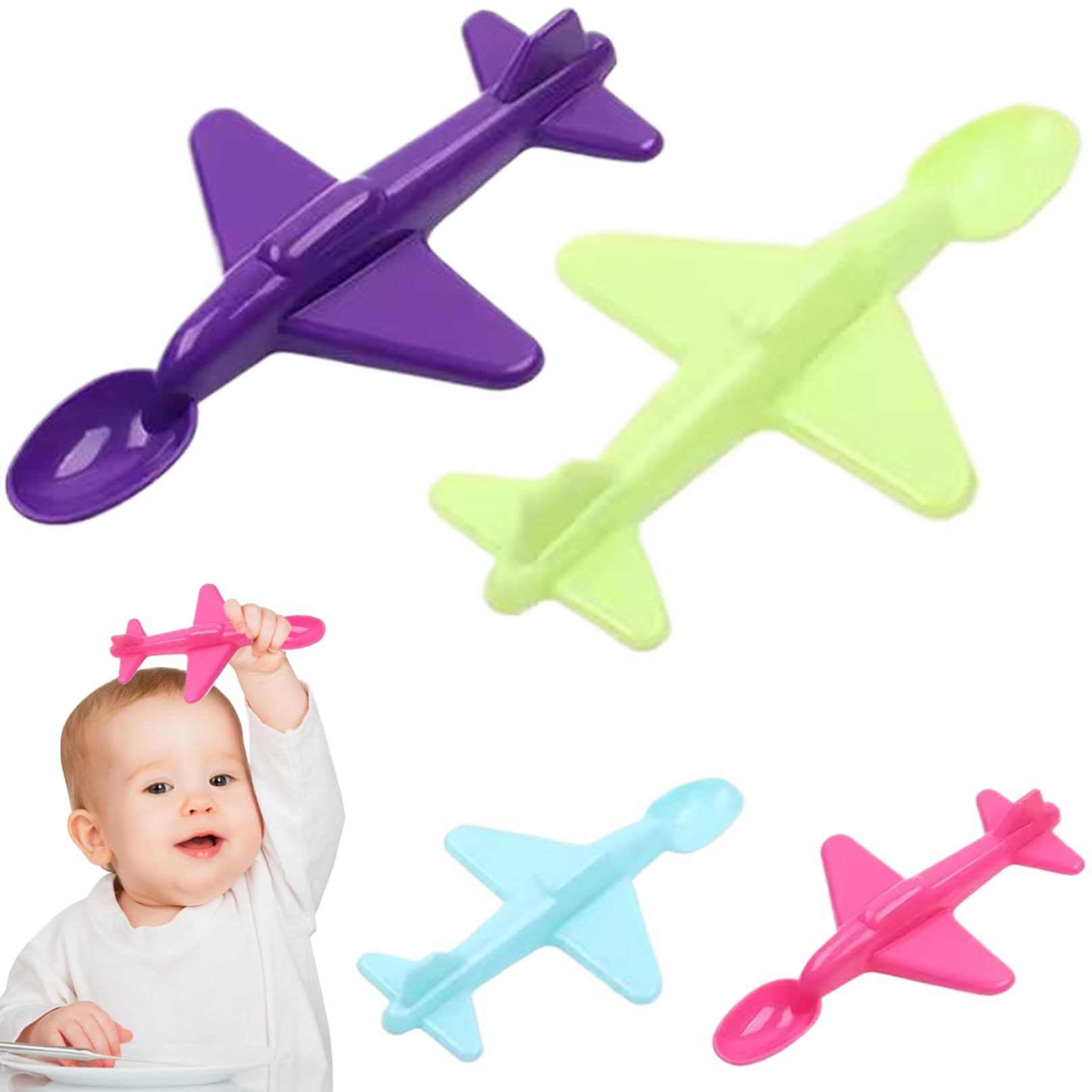 Yeaxxsqy Airplane Spoon 4Pcs 7x4 Inch, Baby Feeding Spoon 4 Color PP Baby Spoons, Sturdy Food Safe Easy Wash Kids Spoons for Meal, Dessert, Soup
