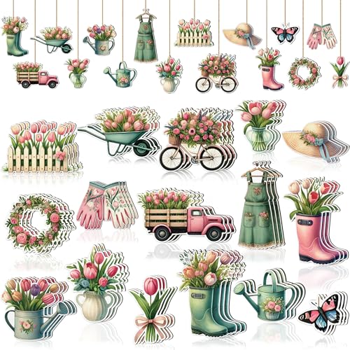 48PCS Spring Decor Wooden Flowers Ornaments Hanging Tulips Signs Decorations for Home Small Tree Party