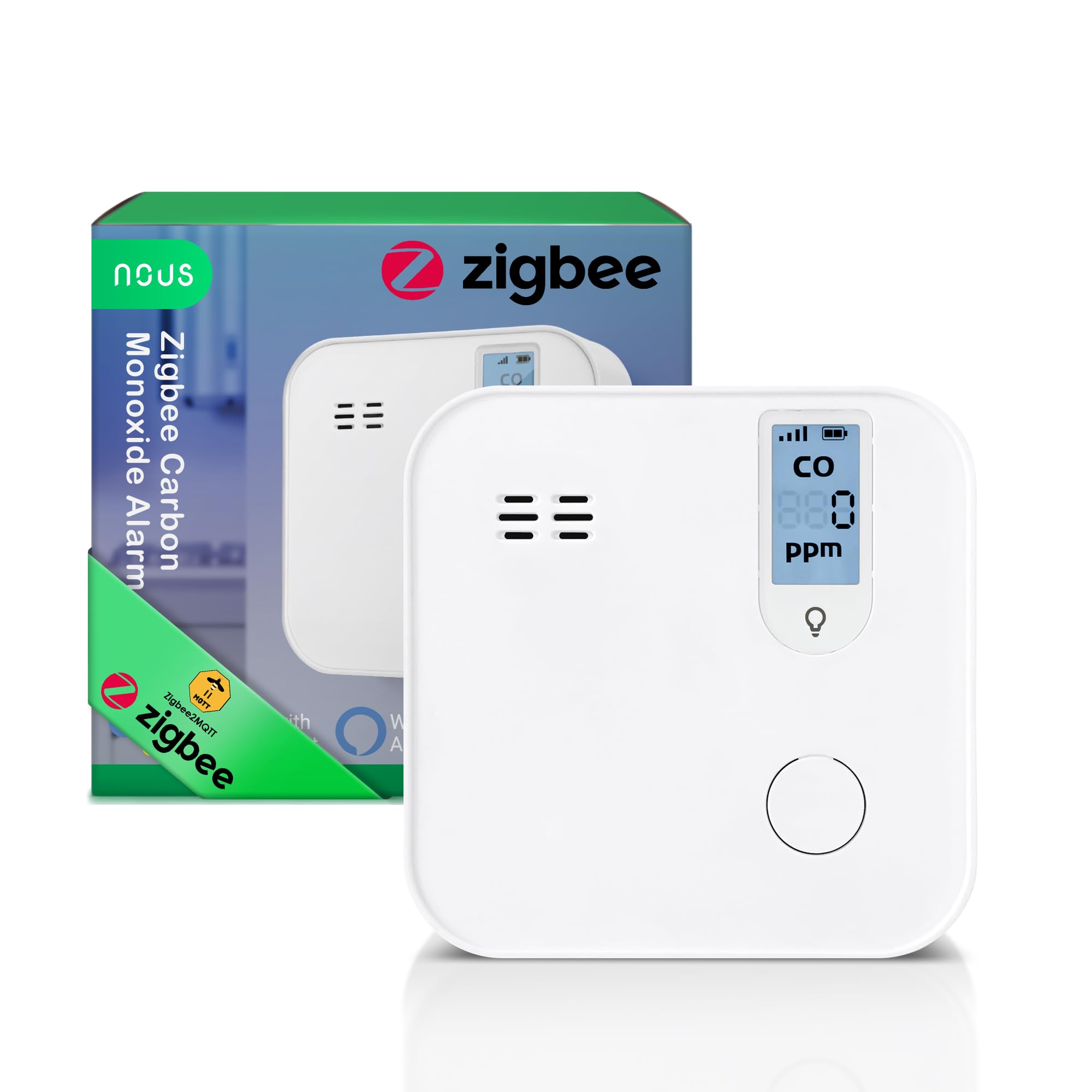 NOUS E12 ZigBee Kohlenmonoxidmelder mit LCD-Anzeige, 85 dB Alarm, App-Benachrichtigung, 10 Jahre Sensordauer, kompatibel mit Alexa & Google Home