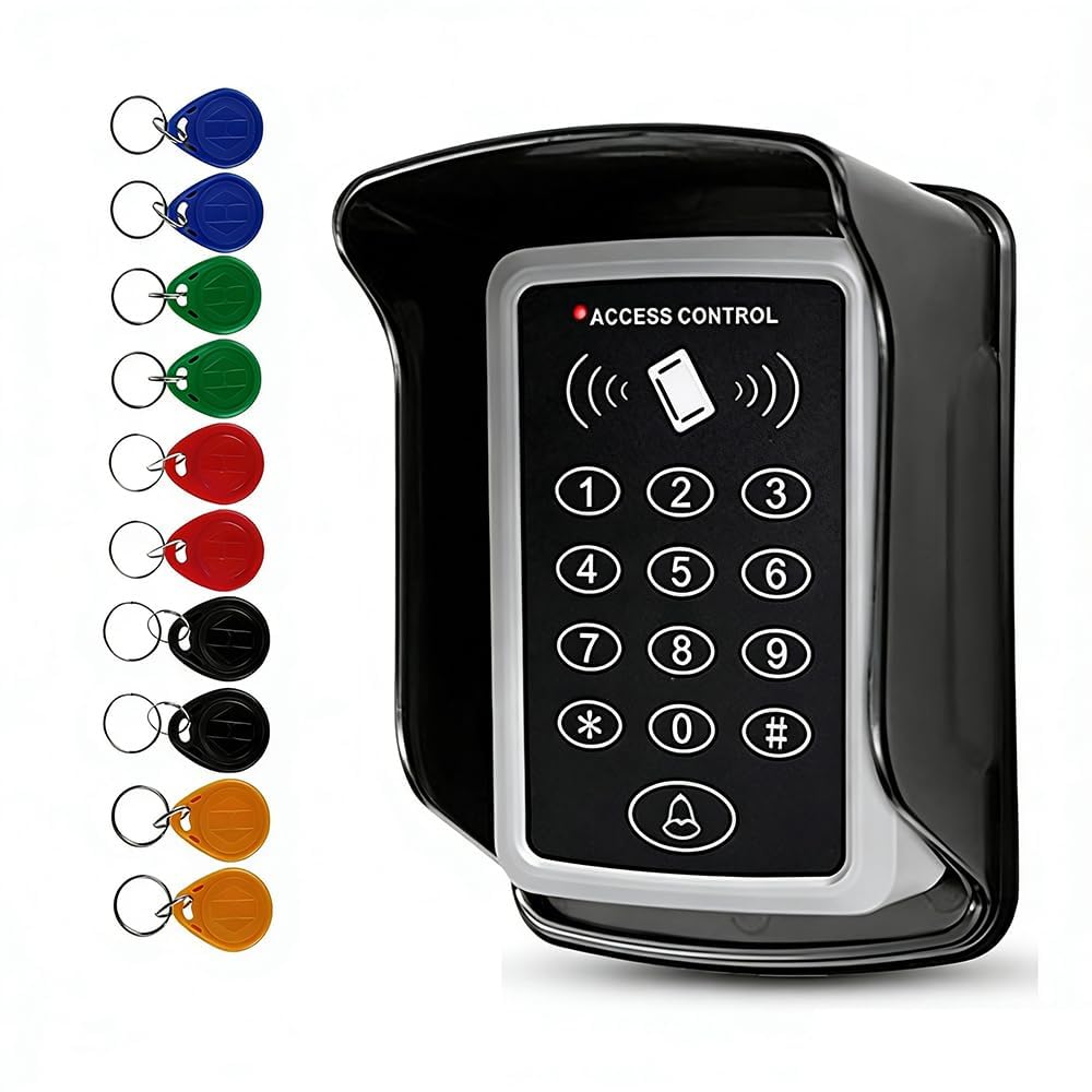 RFID-Zugangskontroll-Set mit wetterfester Abdeckung, 7612 Metall (Zinklegierung, 1000 Benutzer) oder T12 (1000 Benutzer) Controller, inklusive 10 gemischten Farben ID-Schlüsselanhänger für Außen- und