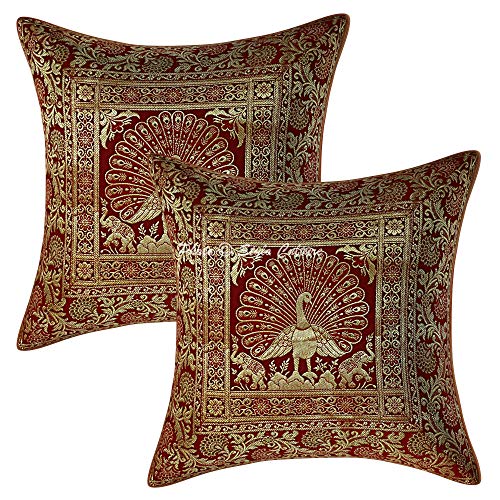 Image of Decorative Brocade Cushion Covers 16x16 Inch Banarasi Jacquard Weave Maroon & Gold Drawing Room Decor Peacock Bohemian Square 40x40 cm Zippered Sofa Settee Pillowcases -Set of 2 Pcs