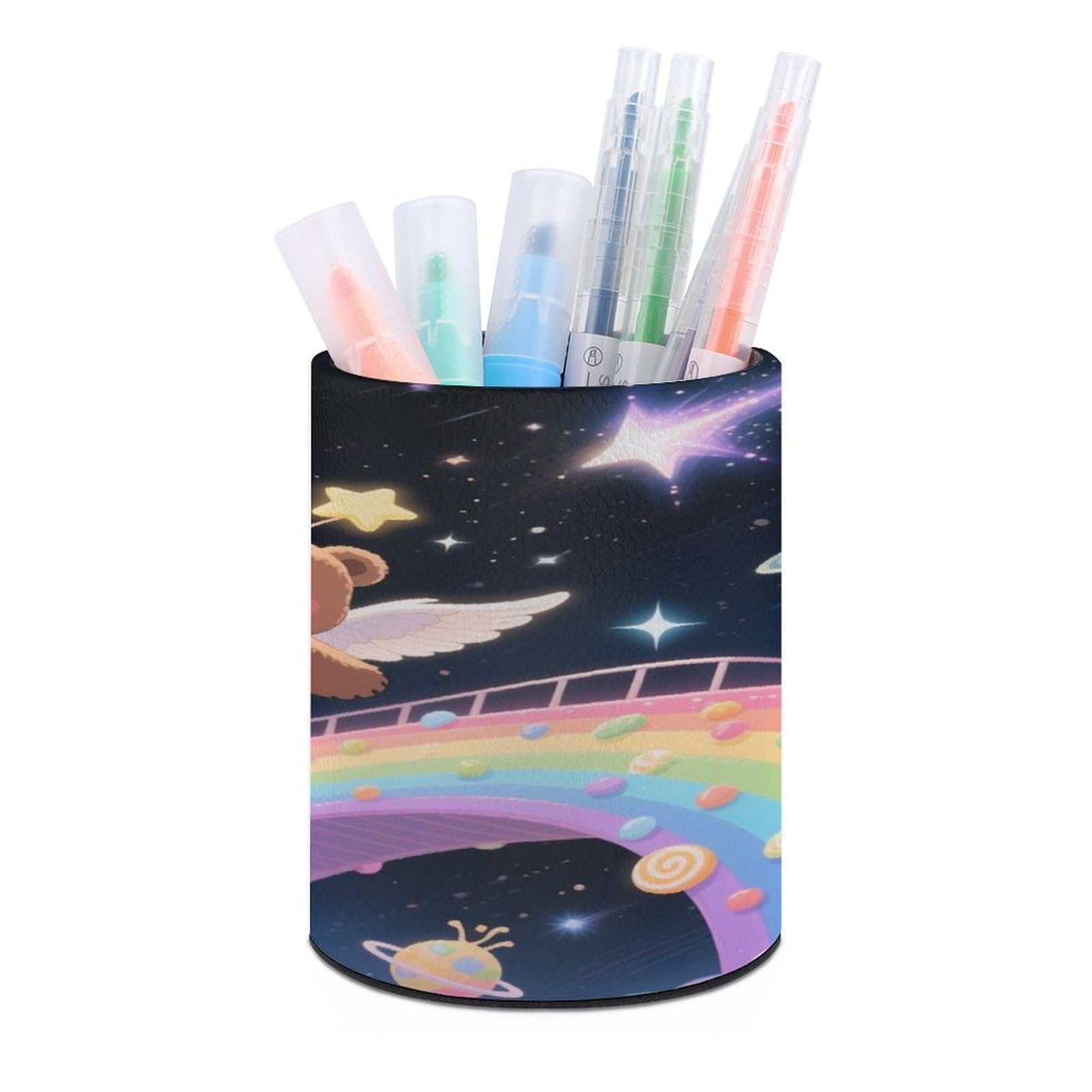 VstaDank Bear Pen Holder Round Pencil Holder Cup Pen Container PU Leather Desk Organizer Stand Decorative Brush Scissor Holder Decoration Office Desk Home (3.1 x 3.9 inch)