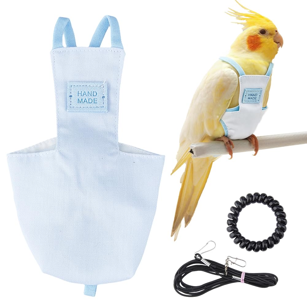 SUPERFINDINGS Snap-Closure Parrot Diaper with Leash 1Pc 5.04x2.95 Inch/128x75 mm Washable Bird Flight Suit 8.5 mmThick 2.09Inch Adjustable Rope for Cockatiel Parrots Travel Perch Light Sky Blue