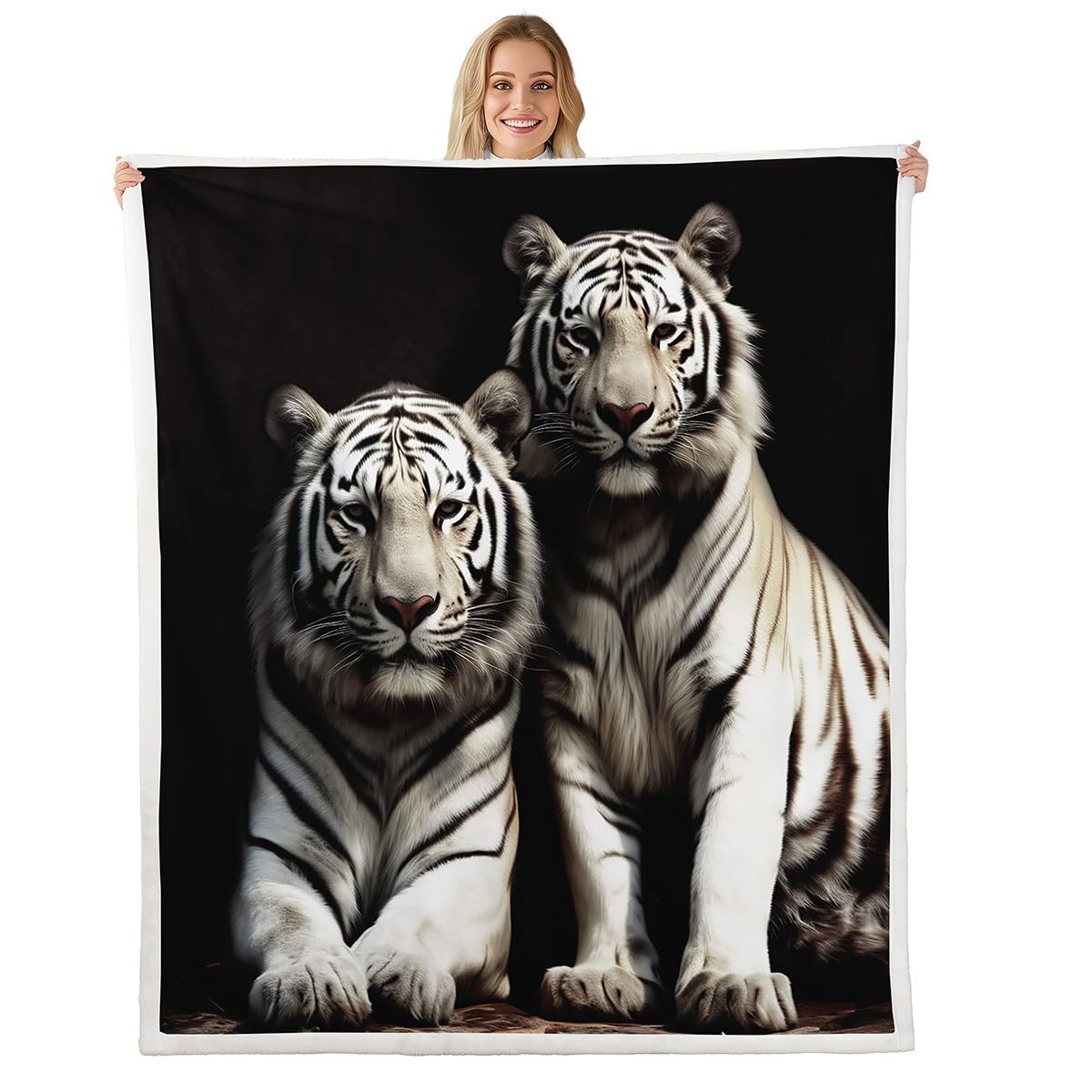 Erosebridal White Tiger Sherpa Blanket, 3D Animal Print Throw Blanket Queen Size for Kids Boys Girls Teens, Gray Black Stripe Plush Bed Blanket Warmth Luxury Fleece Throw for Child's Dorm Room