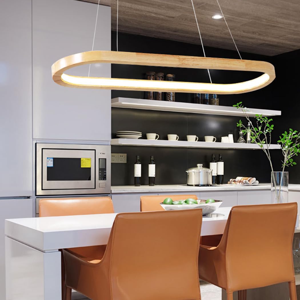 Pendelleuchte Modern Oval Esstischlampen LED Büro Hängeleuchte Dimmbar Wohnzimmer Deckenleuchte Höhenverstellbar Schlafzimmer Deko Hängend Lampen für Küche Bar Esszimmer Deckenlampe (Holz, L90CM)