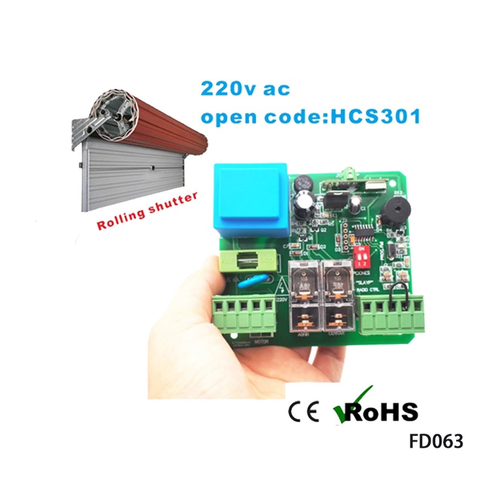 1 récepteur + 2 télécommandes 220v, volet roulant, récepteur Rf, télécommande Hcs301 Rf(2PCS Remote)