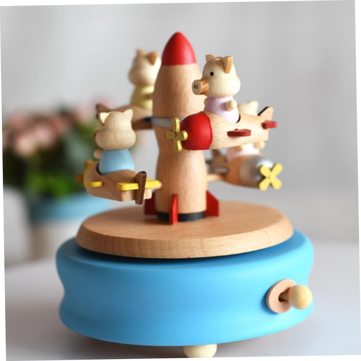 ABOOFAN Rotary Musical Kasten Holz Spieluhr Cartoon Schwein Melodiebox für Kinder Himmel Blau Mechanisch Batterie Erforderlich Handwerkskunst für Weihnachten und Besondere Anlässe