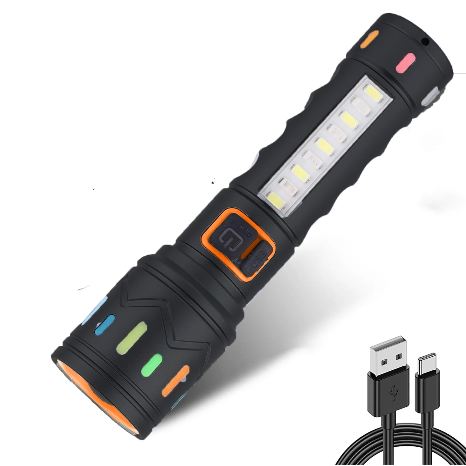 firstlike aluminum body rechargeable 100w home emergency torch light with 3 mode + side white, red & blue strobe cob telescopic zoom adjustable (black)