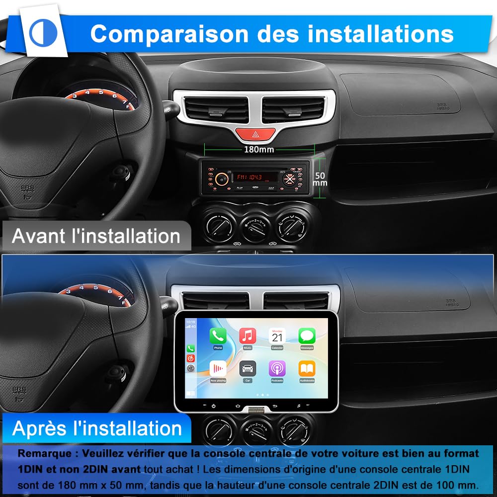 AWESAFE Autoradio 1 Din Universel Android 13 | Écran Tactile Amovible 10,1 Pouces | 2Go+64Go | CarPlay & Android Auto | Caméra de Recul | Bluetooth WiFi | FM RDS | Mirror Link | Autoradio Multimédia