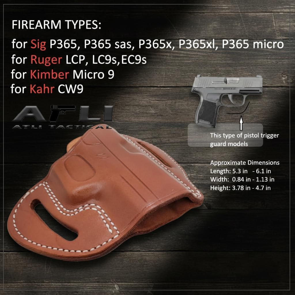 Sig P365 OWB Leather Holster - P365 Pancake Holster - for Sig P365, X, XL, SAS, Macro, Rgr LCP, LC9s, EC9s, Kimber Micro 9, Kahr CW9 Pistols - OWB Gun Holster - Leather SigP365 Holsters