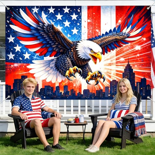 Image of IVN Patriotic Eagle Backdrop Banner 71 x 43 Inch USA Flag Stars Stripes Eagle City Skyline Background Photo Booth Backdrop 4th of July Independence Day Memorial Day Veterans Day Indoor Outdoor Decor