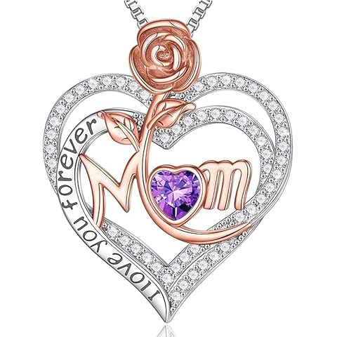 Rose Birthstone Gifts for Mom, S925 Sterling Silver Rose Heart Pendant Birthstone N...