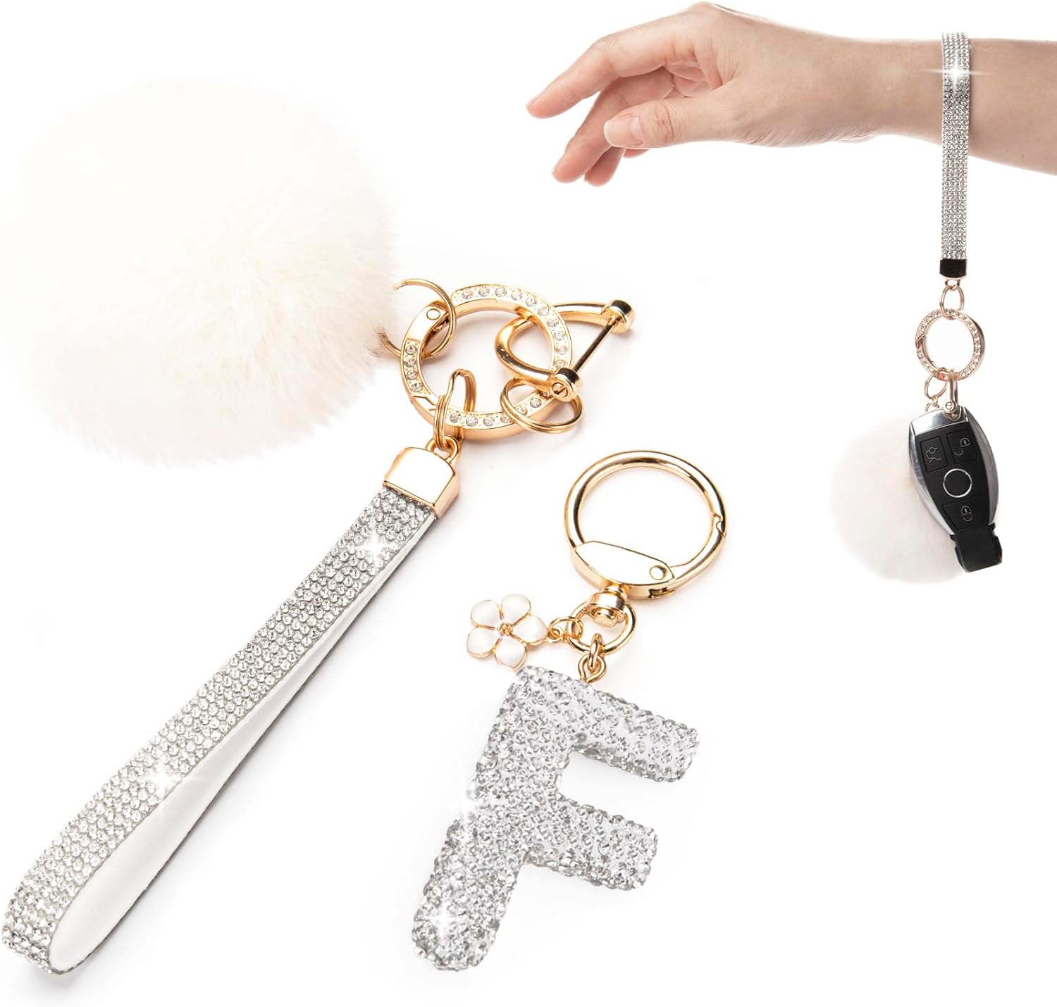 Initial Letter Keychain for Women Girl Bling Rhinestone Sparkly Bag Backpack Purse Charm Cute Pom Pom Key Chain Wristlet