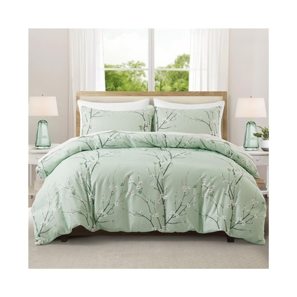 VHKJewE 2/3 Pieces Flower Plum Blossom Bedding Set Reversible Botanical Branch Comforter Cover with pillowcases Set(Green,EU Single(135x200cm))