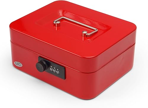 BIRD Caja de 8 monedas con cerradura de combinación y bandeja extraíble de 5 secciones para monedas, lata roja para efectivo