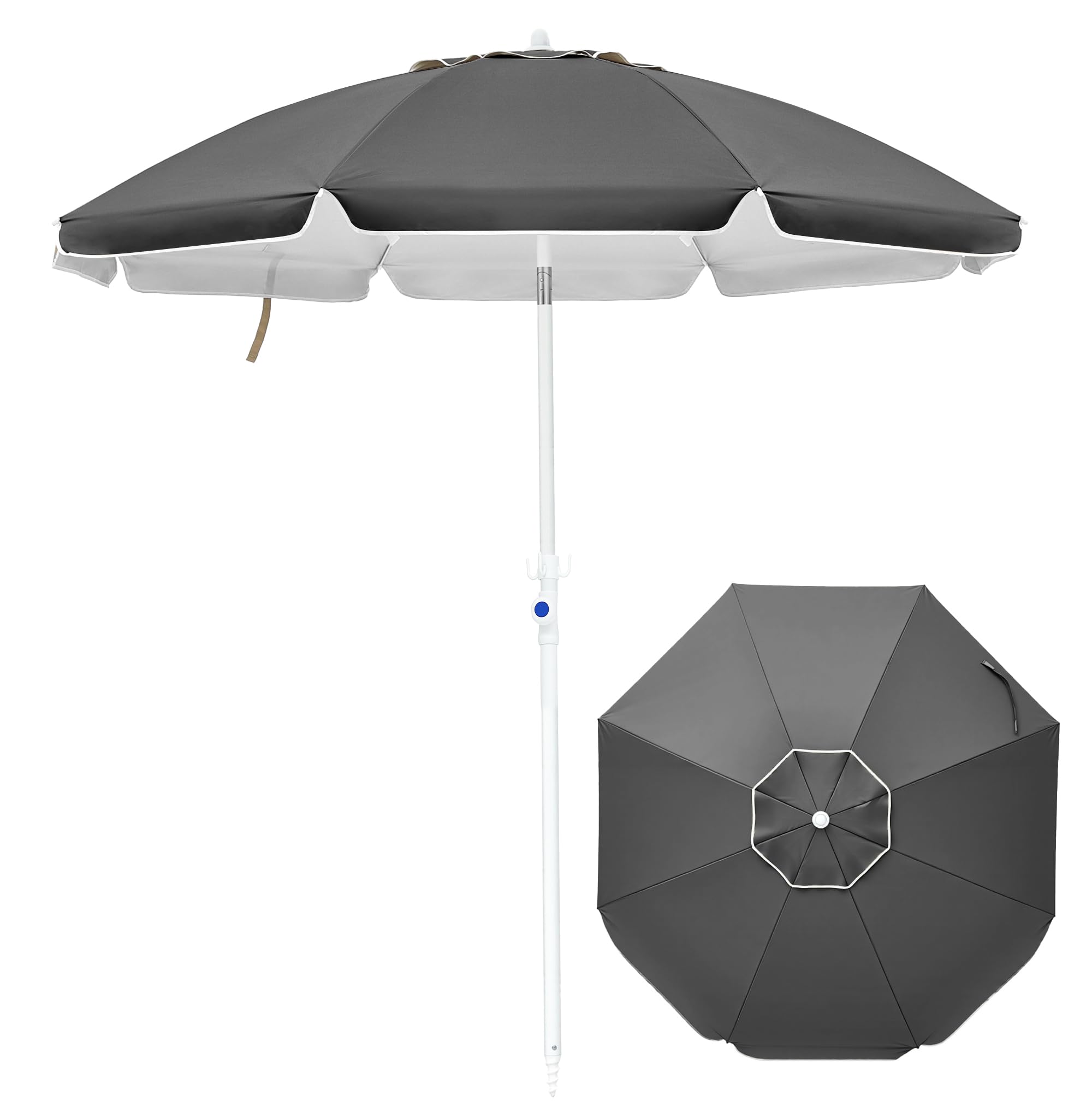 Palawano 1.8m Beach Umbrella with Sand Anchor, UPF50+ UV Protection Garden Parasol, Portable Tilt Sun Umbrella for Beach, Garden, Patio & Camping, Gray