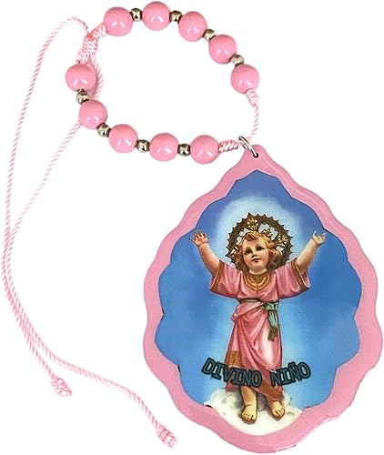 Medallón de madera rosa para niño divino colgante bendición del coche auto protección medalla cuna adorno Divino Nino Medallon
