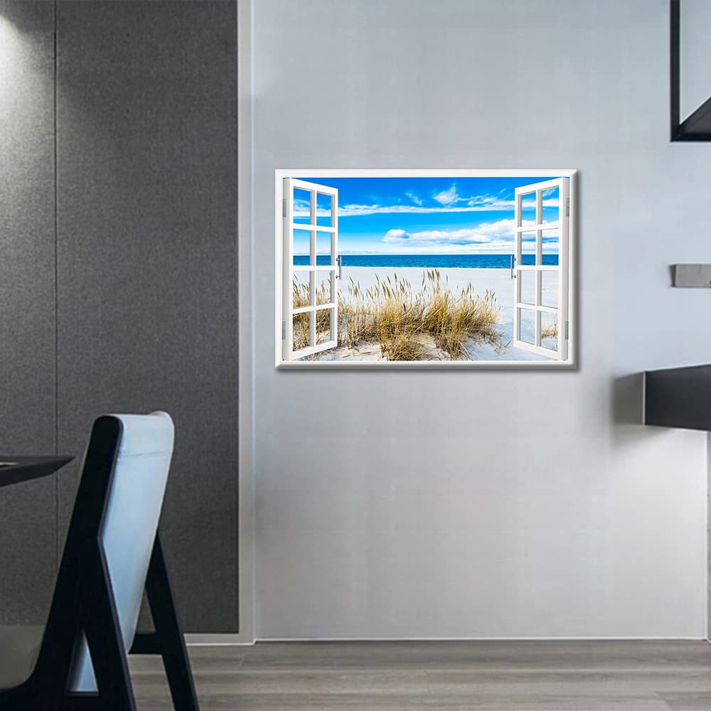 TISHIRON 3D Window Effect Beach Canvas Wall Art for Home Decor Artwork Sea Sandy White Beach Landscape Painting on Canvas for Living Room Framed Ready to Hang 12x18inch (30x45cm) - Image 4