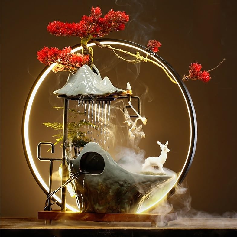 Fuente decorativa de jardín, fuente de agua con cascada, de cerámica, con iluminación LED, función humidificadora, quemador de incienso, Feng Shui Zen, decoración para salón, dormitorio, oficina