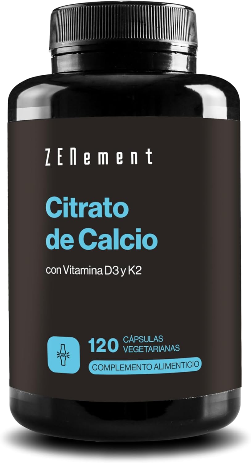 Citrato de Calcio con Vitamina D3 y K2 - Para Dientes, Huesos y Músculos Normales - Fórmula Mejorada con D3 y K2 - Alta Absorción - 120 Cápsulas Vegetarianas
