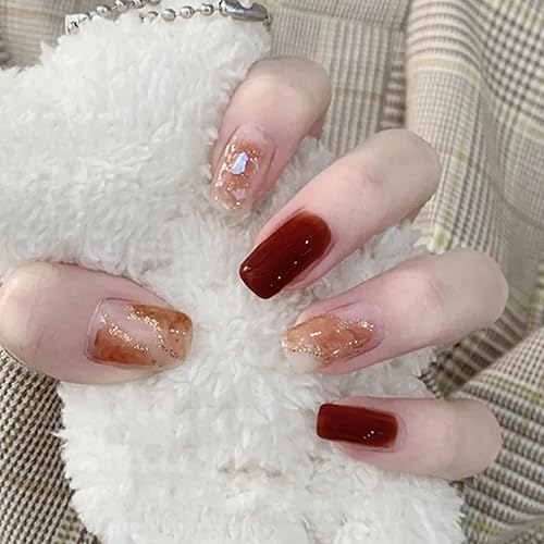 Miniatura 1 de 24 piezas de uñas cuadradas a presión uñas postizas cortas color marrón rojizo ámbar con pegamento uñas postizas brillantes con diseño uñas