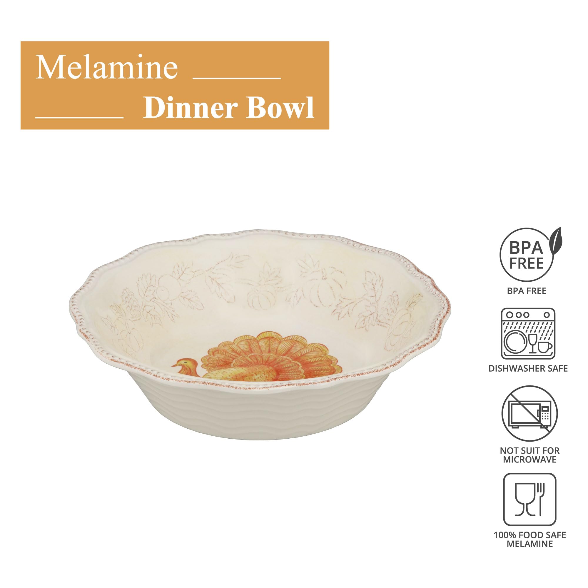 UP ware Glitter Truthahn Melamin-Schüssel-Set, Blumenförmige Schalen mit Perlenrand für Nudeln, Reis, Suppe und Salat, BPA-frei, spülmaschinenfest, bruchsicher, Orange, 20,3 cm, 6 Stück