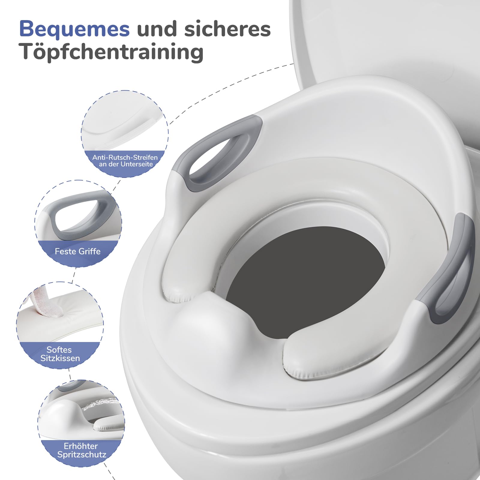 DEANIC Toilettensitz für Kinder mit Tritthocker, Toilettensitz mit Treppe und 2 Stufen Hocker, Toilettenaufsatz Klositz für ab 1-2-3-6 Jahre, 2 Kissen 1 Bürste (Grau)