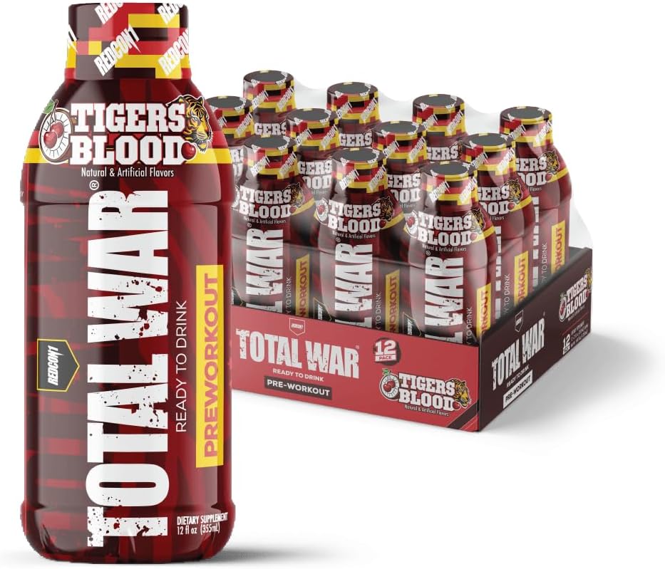REDCON1 Total War Ready to Drink Pre Workout - Endurance Boosting, Keto Friendly RTD Formula - Amino Acid + Citrulline Malate Pre Workout Drink for Men & Women (Tiger's Blood, 12 Servings)