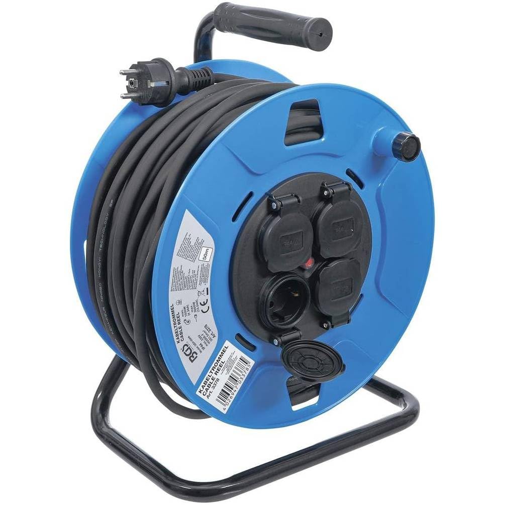 Carrete de cable 50 m 3 x 1,5 mm^2-4 enchufes con válvula, IP44, 3500 W - Seguridad y practicidad - D-Work