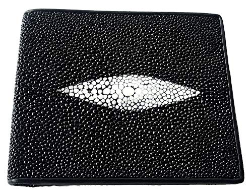 Julie Genuine Real Stingray Skin Leather 1 Eye Man Bifold Shiny Black Wallet