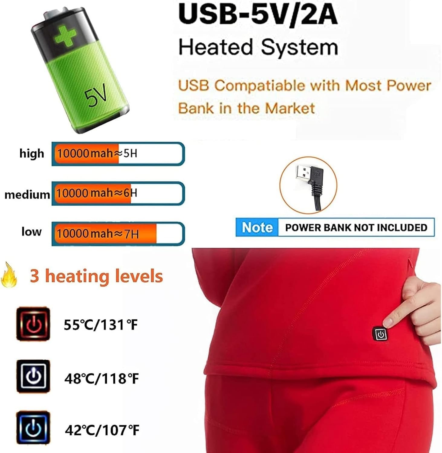 Ropa interior con calefacción eléctrica, Pantalones de ropa interior térmica con calefacción USB for hombres,Pantalones con calefacción eléctrica,Leggings de pantalones cálidos lavables,8 zonas de cal