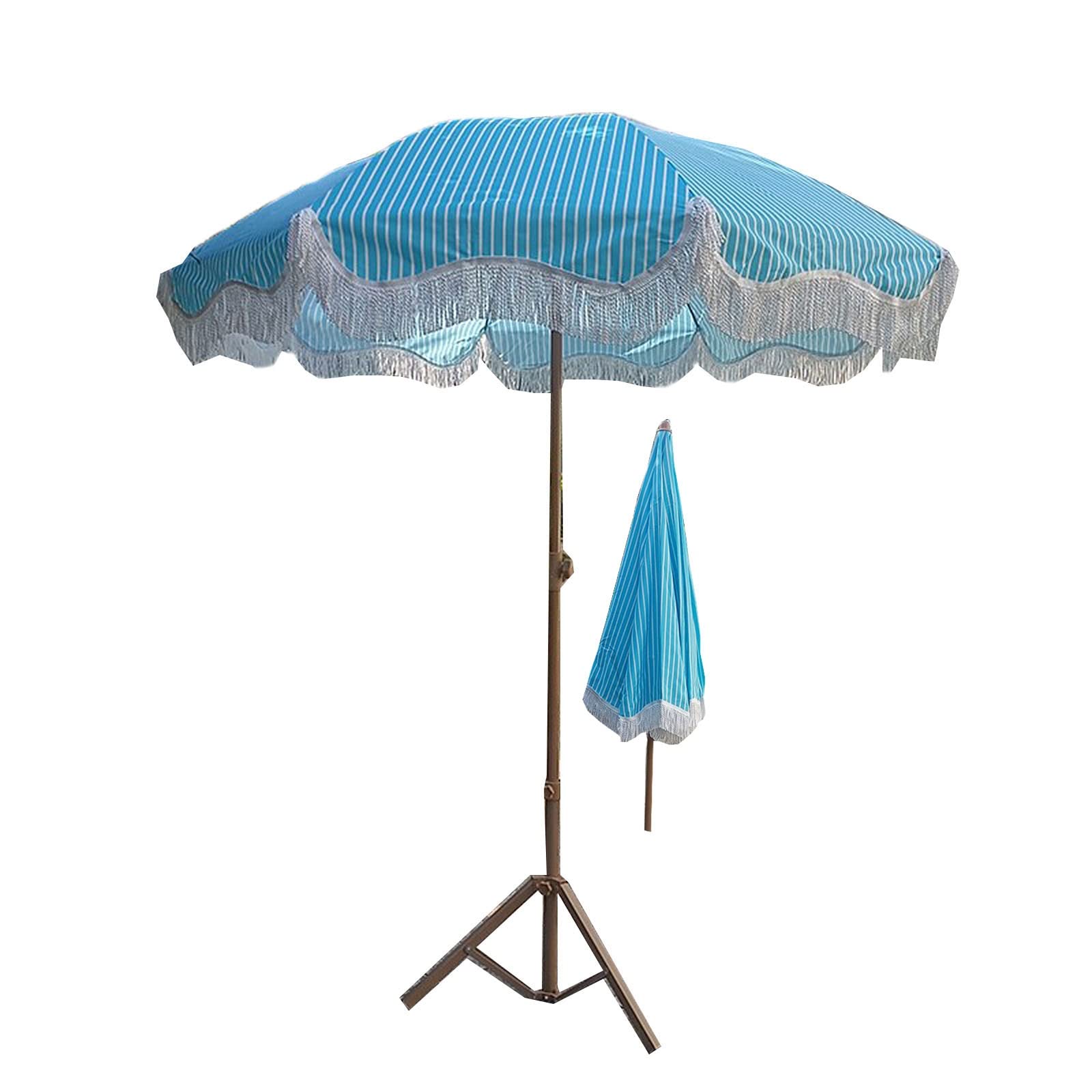 Zewnętrzny parasol plażowy chroniący przed promieniowaniem UV, duży, 2 m, niebieskie paski, regulowany kąt 8 ząbków, lekka koronka z frędzlami, z torbą do przenoszenia, klosz balkonowy