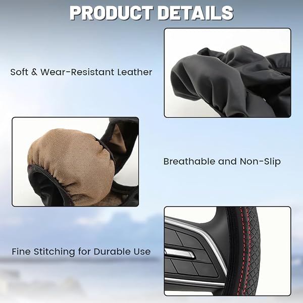 Flintronic Car Steering Wheel Cover PVC Leather, Breathable Anti-slip Protector Interior Accessories for Van/Truck/SUV/Auto, Universal Size 36-38cm(14.2-15in), Black & Red - 3