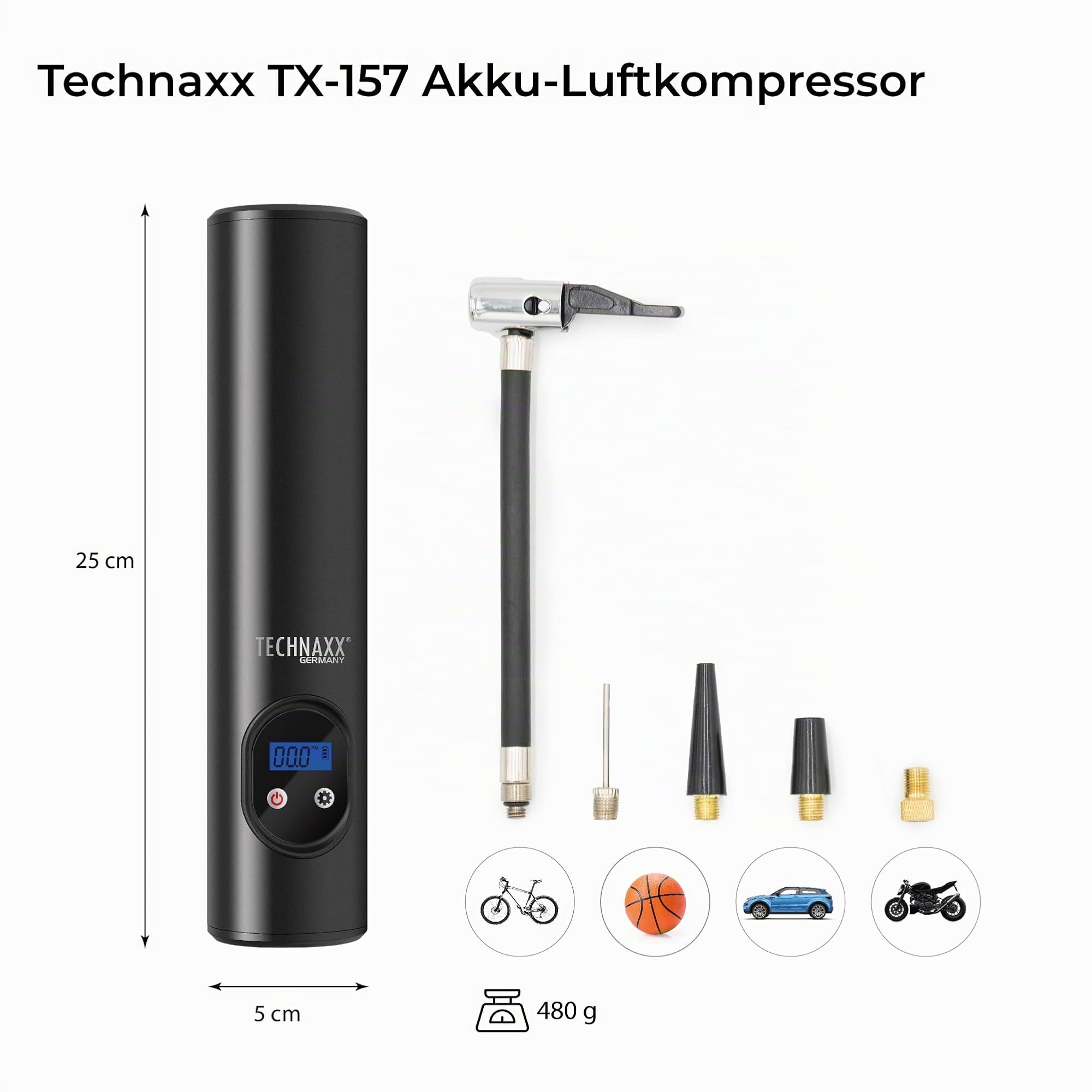 Technaxx Akku Luftpumpe Kompressor 6000mAh – Tragbarer Luftkompressor mit Digitalanzeige, 8 Bar, Auto Stop, 12V DC, Reifenpumpe für Auto, Fahrrad, Motorrad & Bälle, LED Licht TX-157