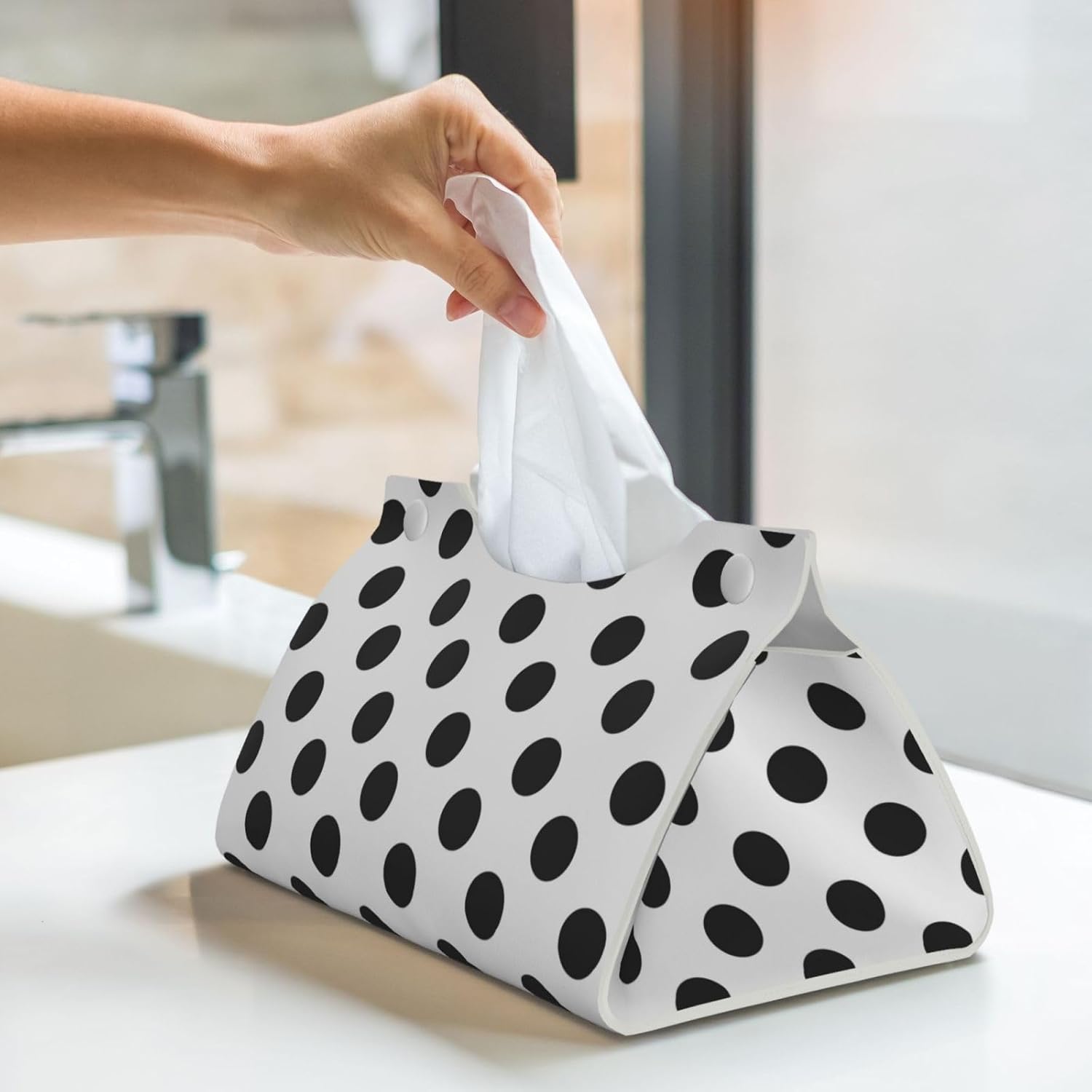 Polka Dot Black White Tissue Box Cover Rectangle PU Leather Facial Tissue Case Paper Holder Organizer for Decor Bathroom Vanity Countertop Bedroom Dresser Night Stand Desk Tabletop Car Office