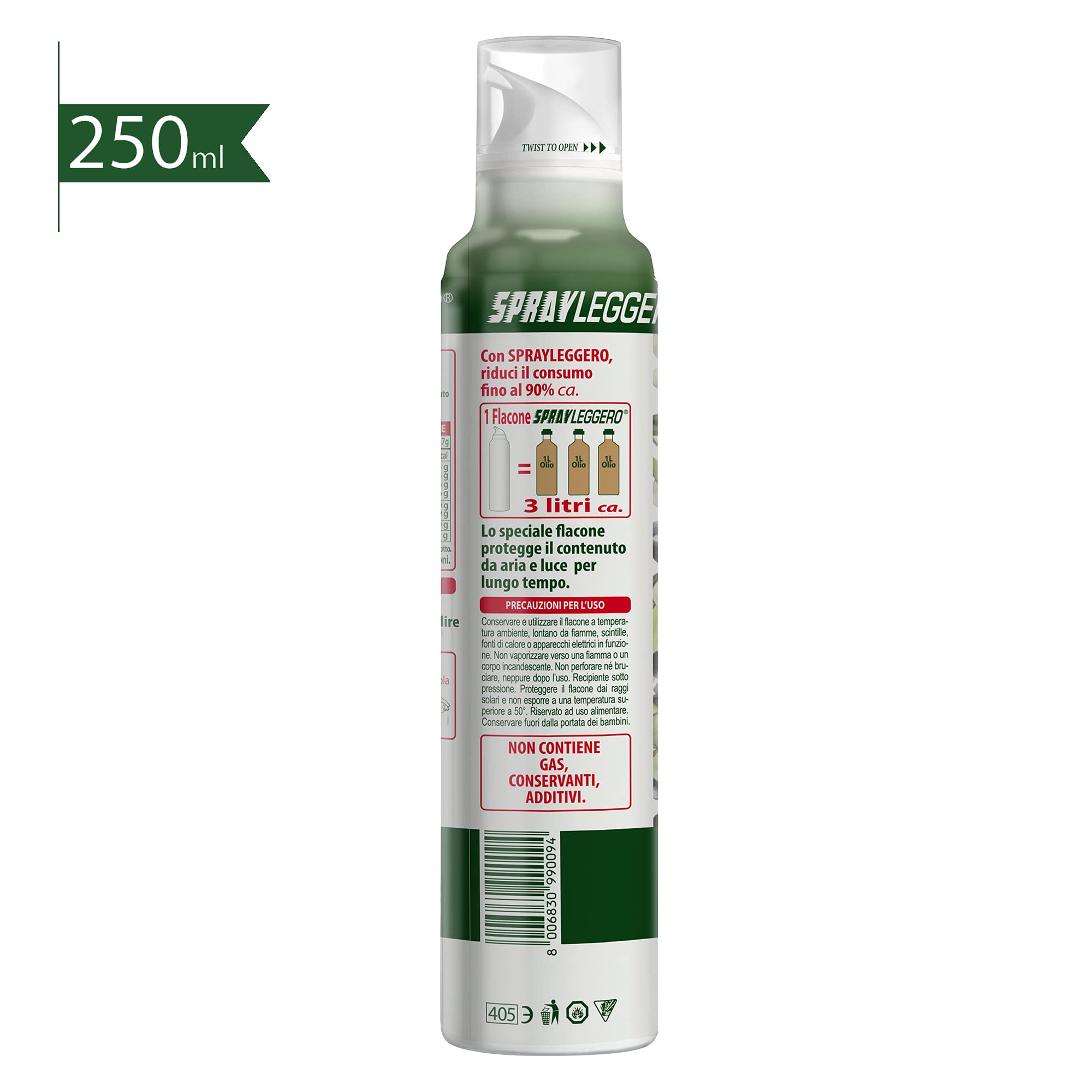 Olio Extra Vergine di Oliva 6x250 ml - Olio Spray 100% italiano, estratto a freddo – Sprayleggero – 100% Naturale, Leggero, Facile - Con lo spray risparmi fino al 90% di prodotto