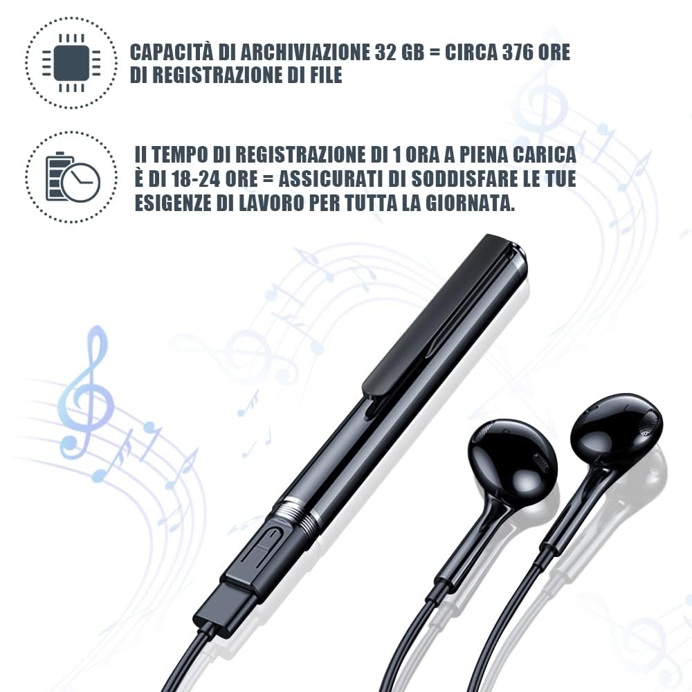 Penna Registratore Vocale 32GB HD - Mini Registratore Portatile Ricaricabile per Conferenze, Riunioni, Interviste & Concerti - Attivazione Vocale & Riproduzione MP3