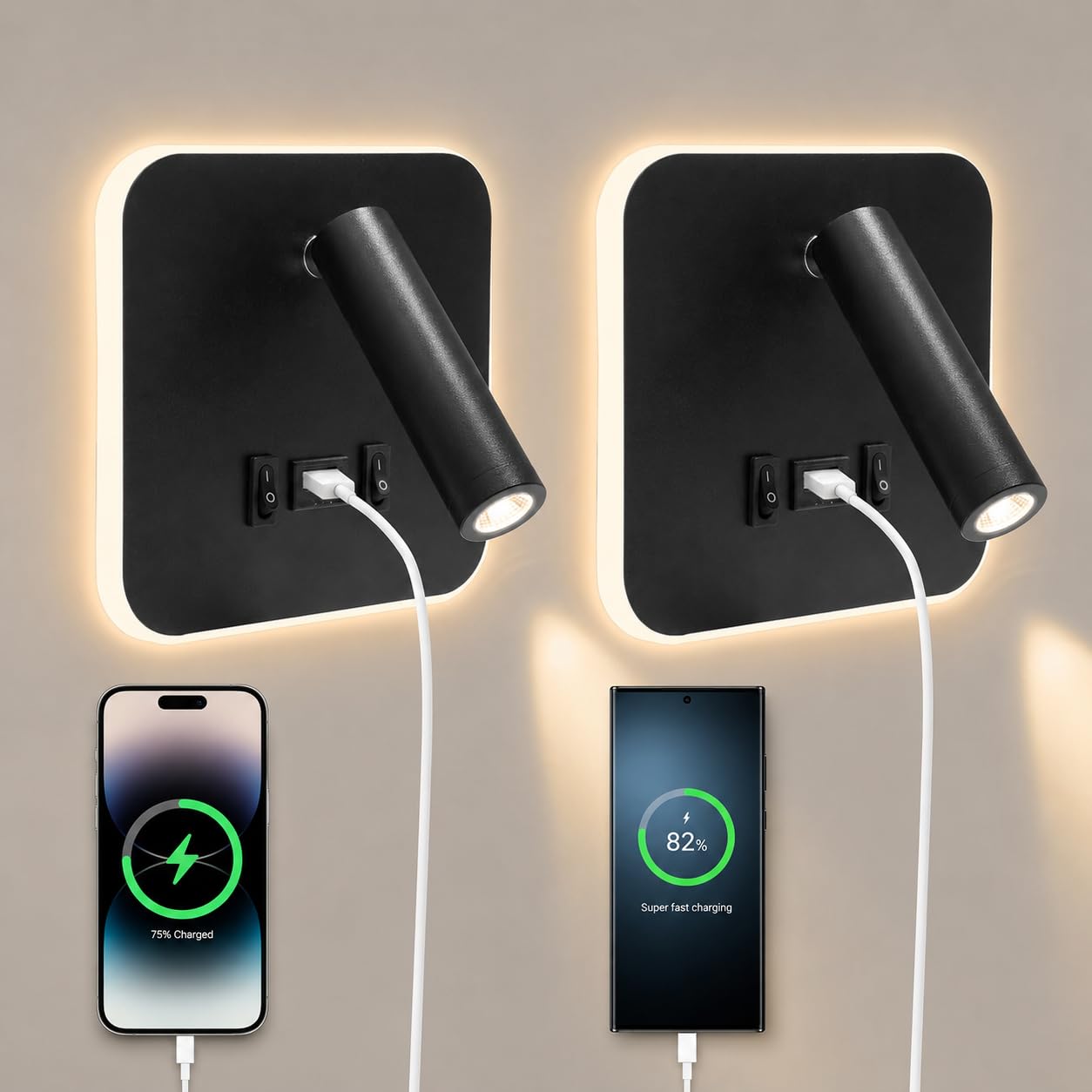2Pcs Lampada da Parete LED, Applique da Parete Interno, Lampada da Lettura da Comodino con Porta di Ricarica USB e Interruttore, Regolabile a 360° Luce da Lettura per Camera da Letto Soggiorno