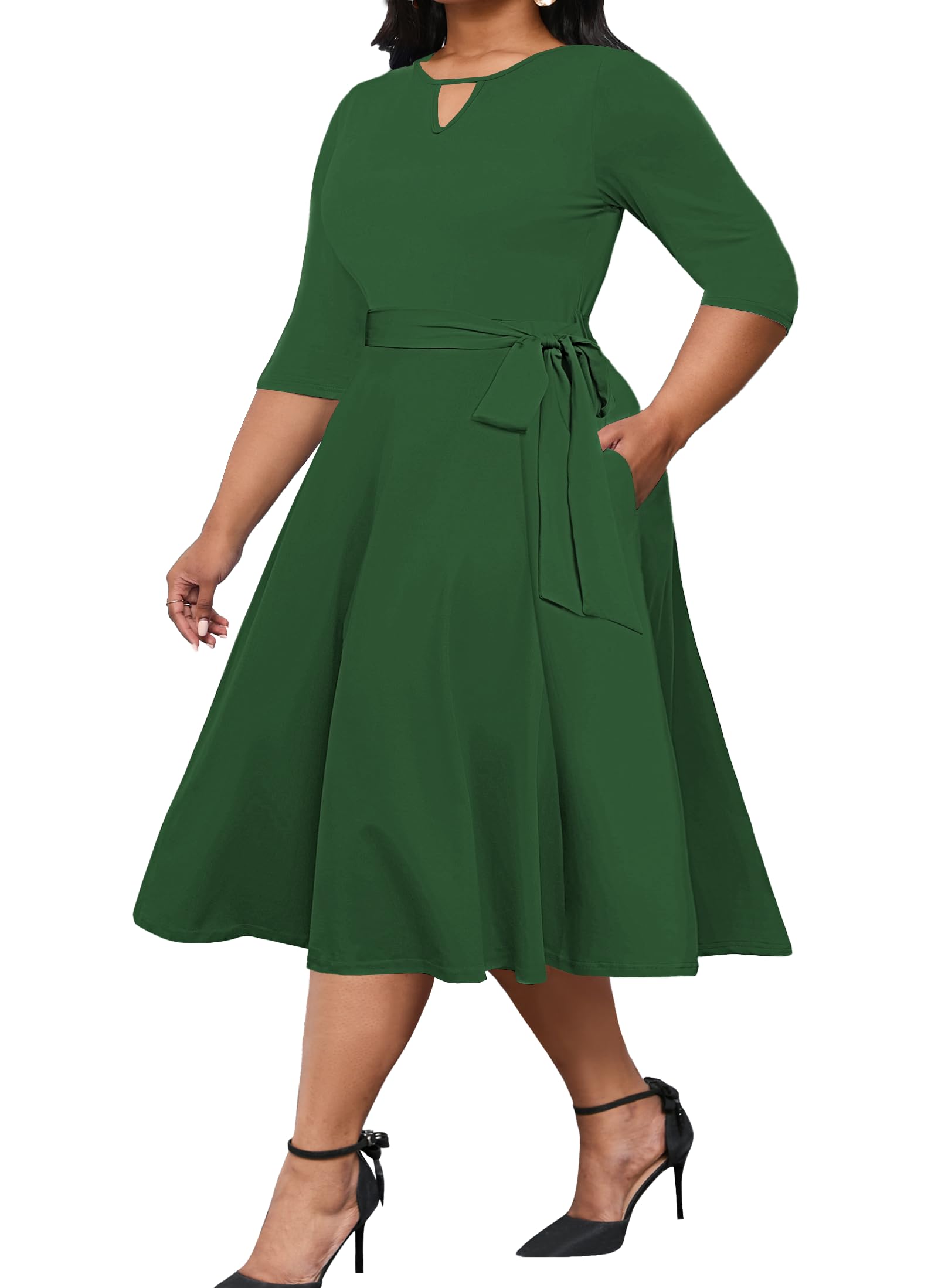 Runwind Plus Size Dresses Women Casual Midi A-Line Swing Fit and Flare 3 4 Sleeve Wedding Guest Cocktail