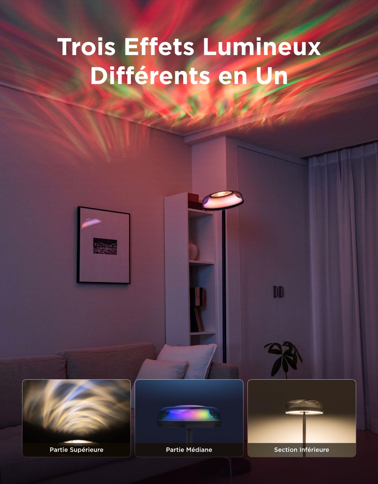 Govee Lampadaire Salon à Trois Zones Indépendantes, RGBIC d'Éclairage Ondulé Blanc Chaud & Froid, Compatible avec Matter et Alexa, 80+ Modes Scène, 1000lm, 2700-6500K, Idéal pour Salon, Chambre,Bureau