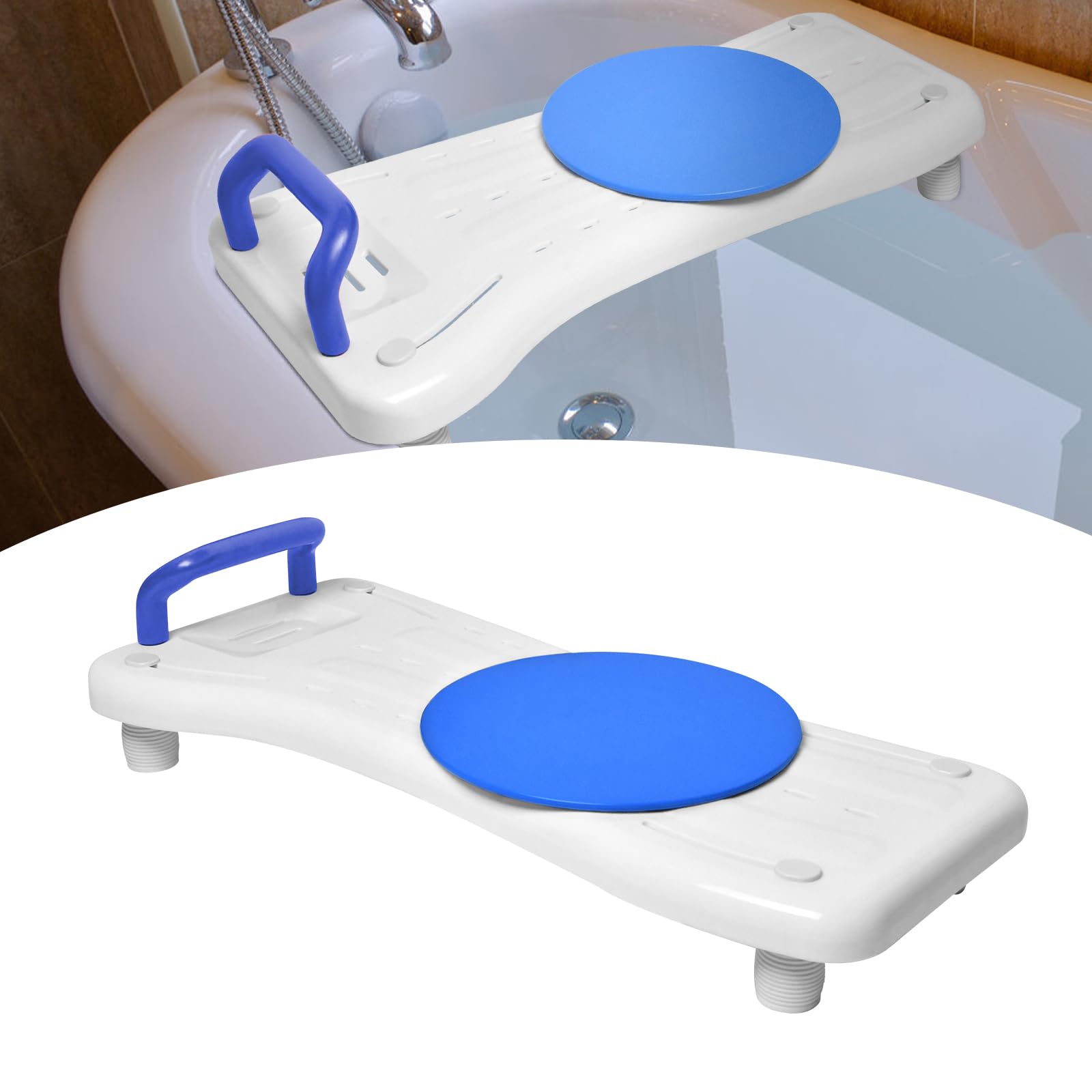 Aufun Planche de bain d'environ 75 cm de long, siège de baignoire pour adultes et personnes âgées, avec porte-savon, plaque tournante et poignée, chaise pour salle de bain (poignée bleue)