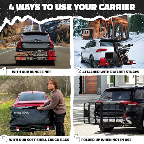 Image of Mockins Folding Luggage Rack for SUV Car Truck ATV & More | 500 lb. Capacity Steel Trailer Hitch Cargo Carrier 60 inchx20 inchx6 inch with Cargo Carrier Hitch Mount Accessories
