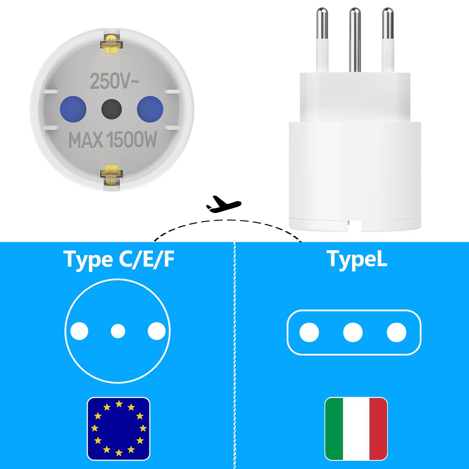 Adapter Włochy gniazdko elektryczne 3 sztuki adapter podróżny Włochy, wtyczka podróżna Włochy, adapter Włochy Włochy Włochy Europa/Niemcy na Włochy wtyczka podróżna