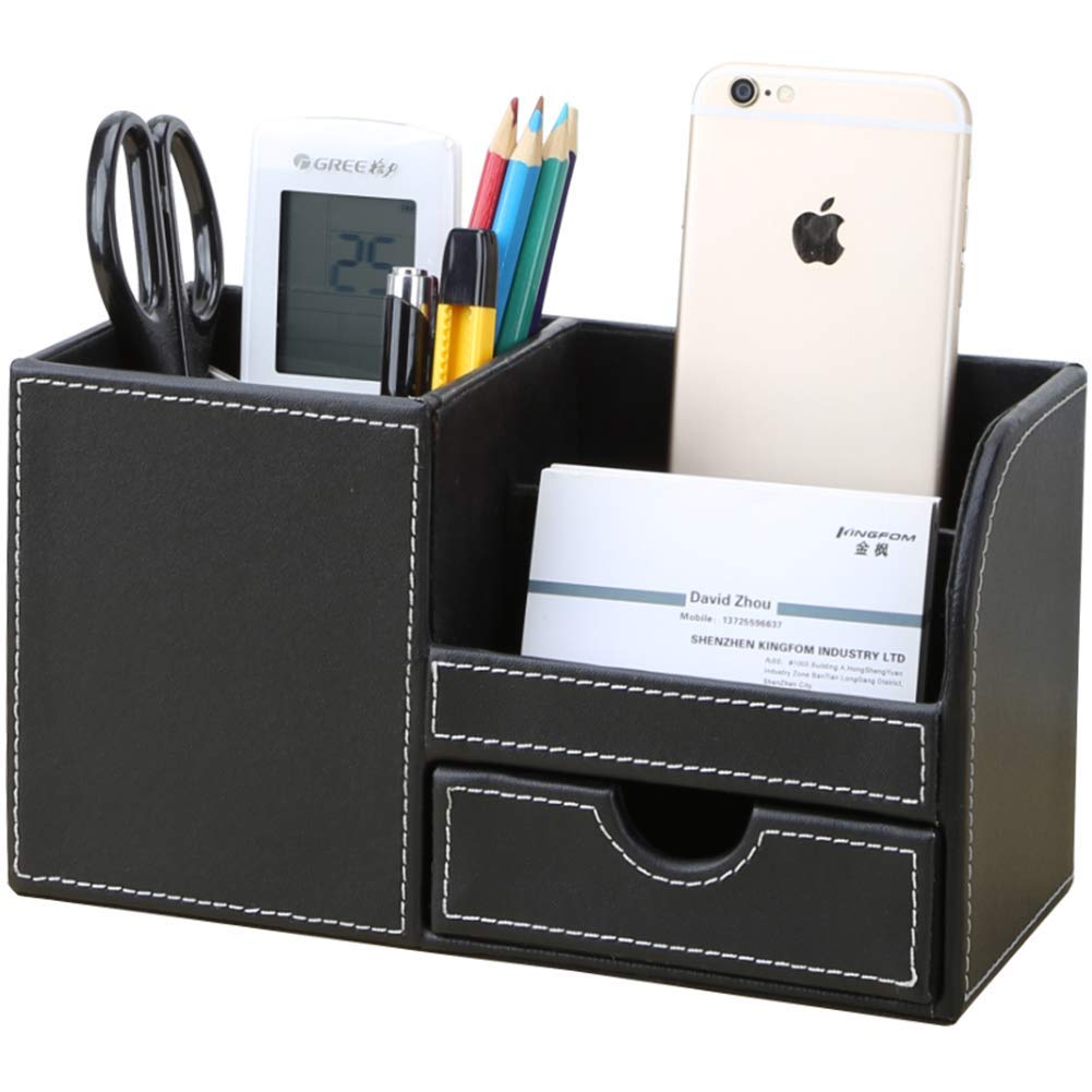 KINGFOM Wooden Struction Leather Multi-Function Desk Stationery Organizer Storage Box Pen/Pencil,Cell Phone, Business Name Cards Remote Control Holder with Small Drawer Black